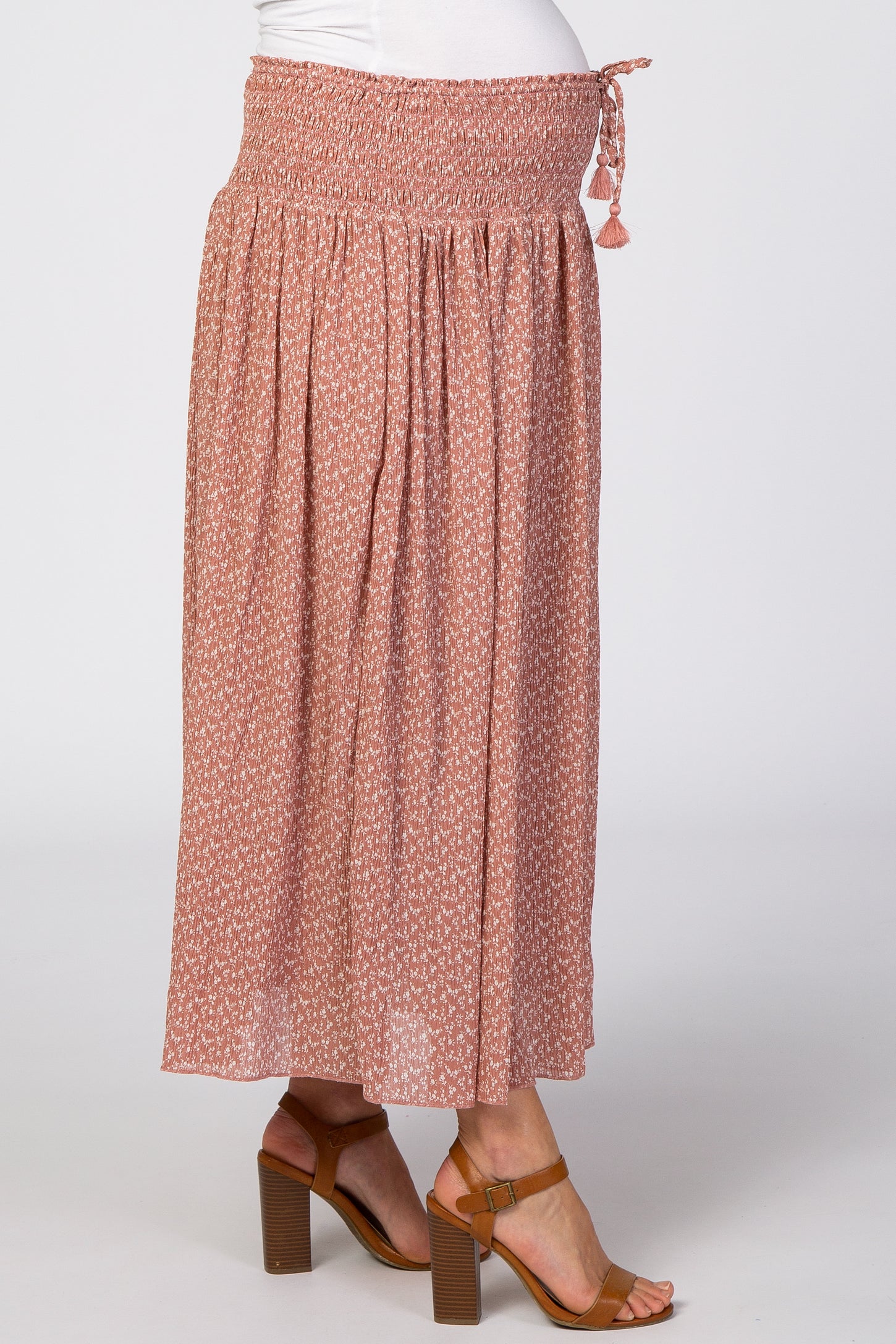 Mauve Floral Chiffon Smocked Elastic Waist Maternity Midi Skirt