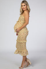 Yellow Floral Chiffon Smocked Fitted Maternity Midi Dress