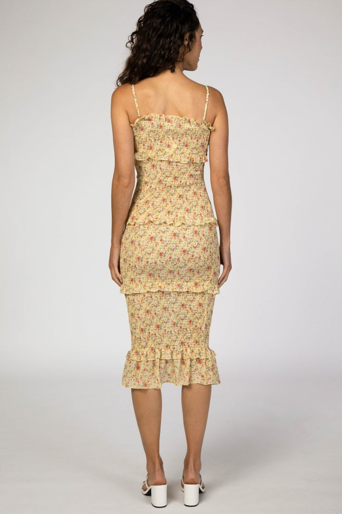 Yellow Floral Chiffon Smocked Fitted Midi Dress PinkBlush Yellow Floral Chiffon Smocked Fitted Midi Dress PinkBlush