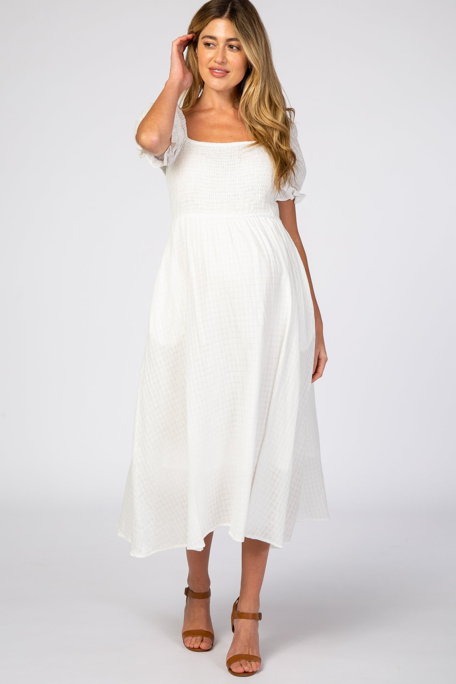 White Smocked Puff Sleeve Maternity Midi Dress PinkBlush White Smocked Puff Sleeve Maternity Midi Dress PinkBlush