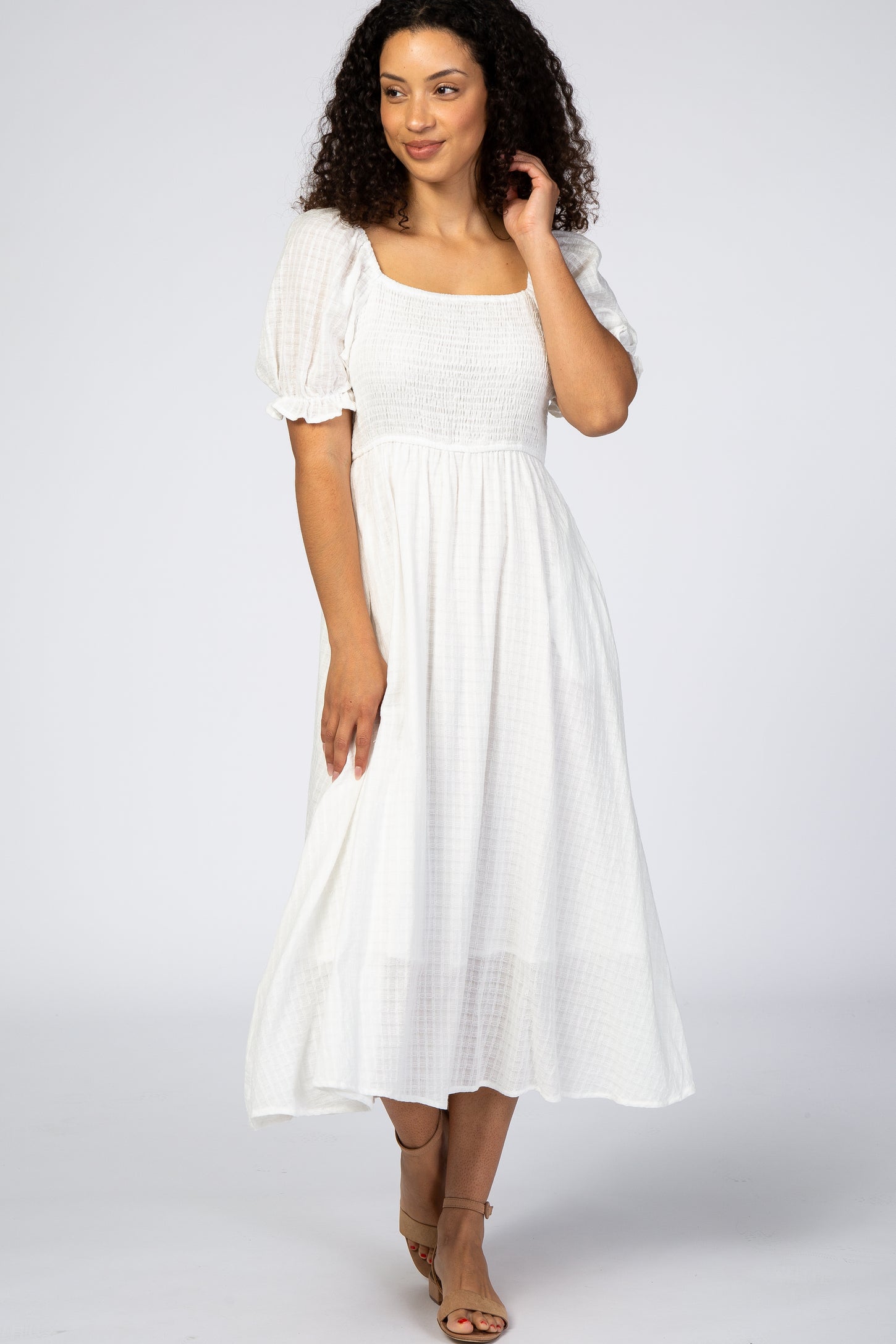 White Smocked Puff Sleeve Maternity Midi Dress PinkBlush White Smocked Puff Sleeve Maternity Midi Dress PinkBlush
