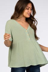 Light Olive Open Knit Button Front Babydoll Maternity Top