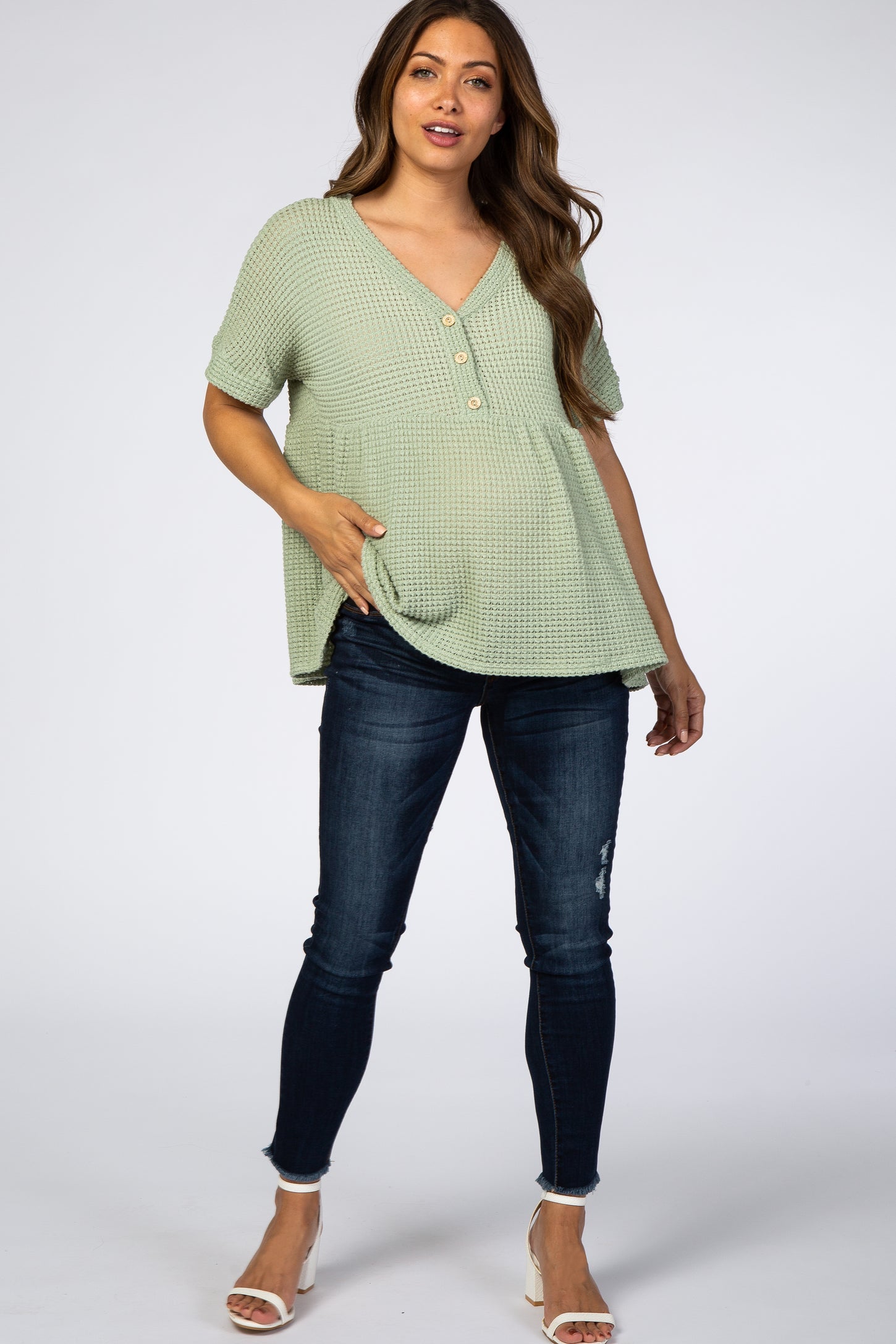 Light Olive Open Knit Button Front Babydoll Maternity Top