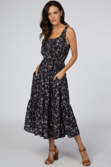 Navy Floral Square Neck Button Front Maternity Midi Dress