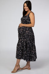 Navy Floral Square Neck Button Front Maternity Midi Dress