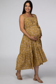 Yellow Floral Square Neck Button Front Maternity Midi Dress