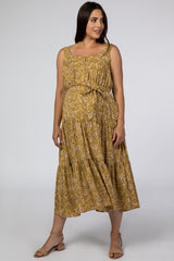 Yellow Floral Square Neck Button Front Maternity Midi Dress