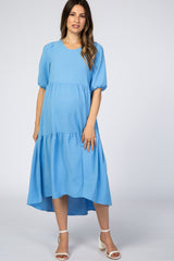 Light Blue Tiered Bubble Short Sleeve Maternity Midi Dress