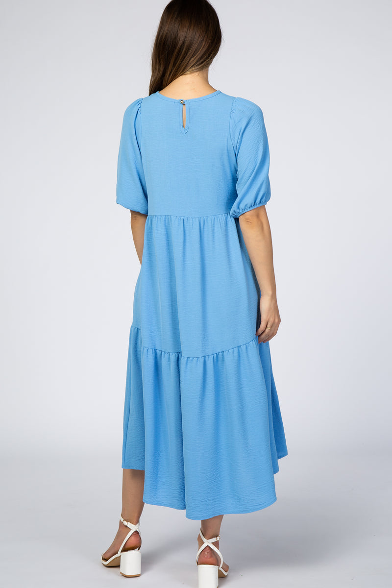 Light Blue Tiered Bubble Short Sleeve Maternity Midi Dress– PinkBlush