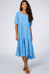 Light Blue Tiered Bubble Short Sleeve Midi Dress