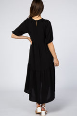 Black Tiered Bubble Short Sleeve Maternity Midi Dress
