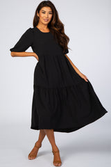 Black Tiered Bubble Short Sleeve Maternity Midi Dress