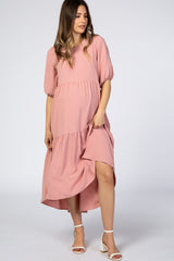 Mauve Tiered Bubble Short Sleeve Maternity Midi Dress