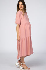 Mauve Tiered Bubble Short Sleeve Maternity Midi Dress