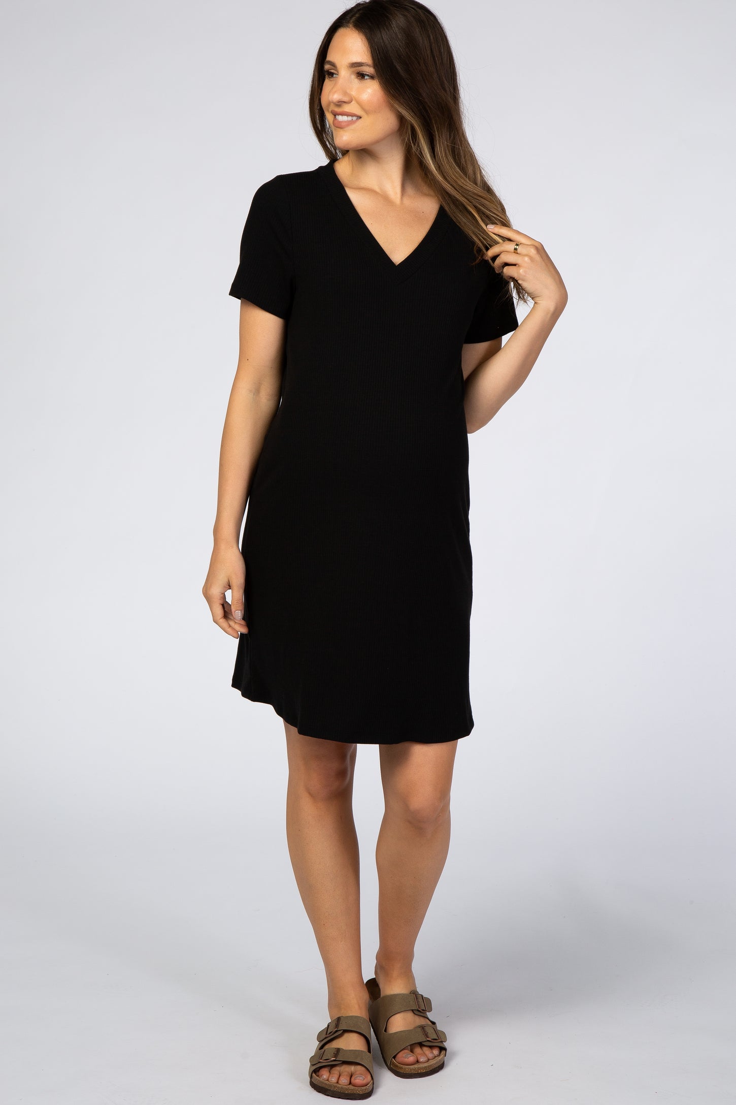 Black Ribbed V-Neck Short Sleeve Maternity Dress