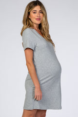 Heather Grey Ribbed V-Neck Short Sleeve Maternity Dress
