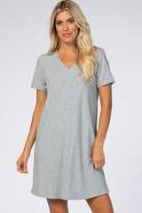 Heather Grey Ribbed V-Neck Short Sleeve Dress