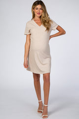 Beige Ribbed V-Neck Short Sleeve Maternity Dress