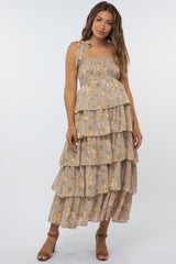Beige Floral Smocked Ruffle Layered Shoulder Tie Maternity Midi Dress