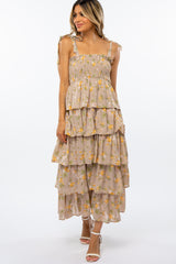 Beige Floral Smocked Ruffle Layered Shoulder Tie Maternity Midi Dress
