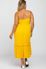 Yellow Front Button Ruffle Tiered Hem Maternity Plus Midi Dress