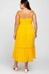Yellow Front Button Ruffle Tiered Hem Plus Midi Dress