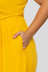 Yellow Front Button Ruffle Tiered Hem Plus Midi Dress