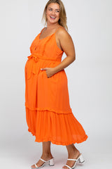 Orange Front Button Ruffle Tiered Hem Maternity Plus Midi Dress