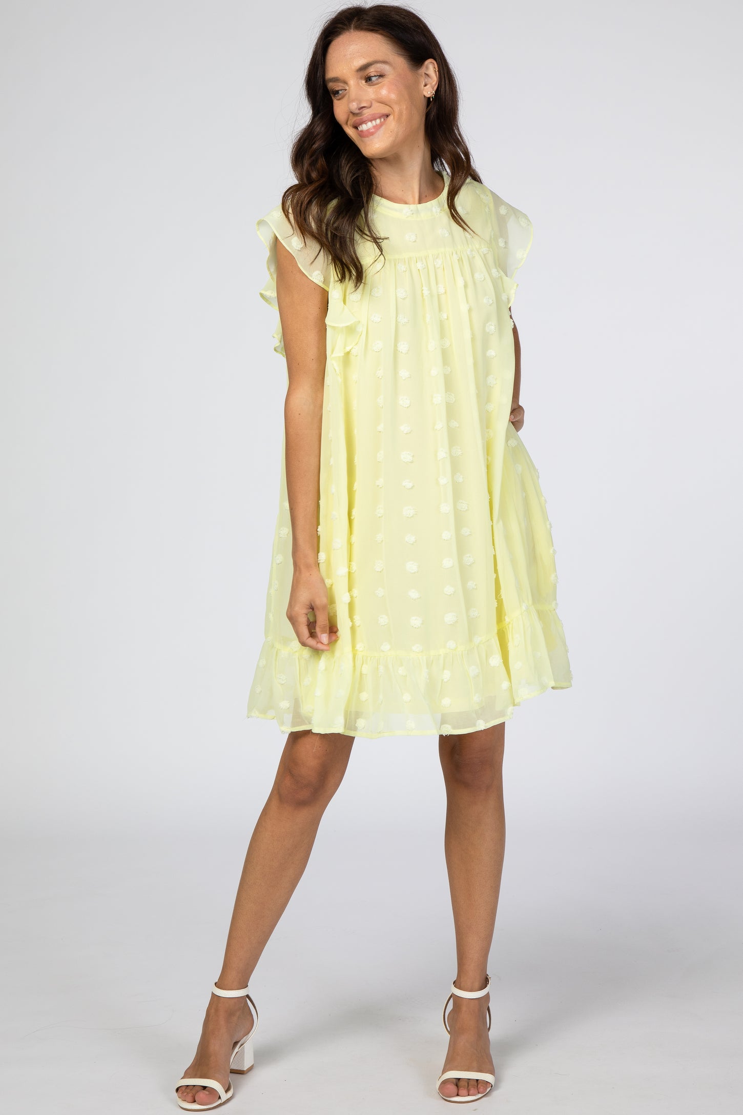 Yellow Textured Polka Dot Ruffle Maternity Dress