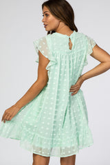 Mint Green Textured Polka Dot Ruffle Maternity Dress