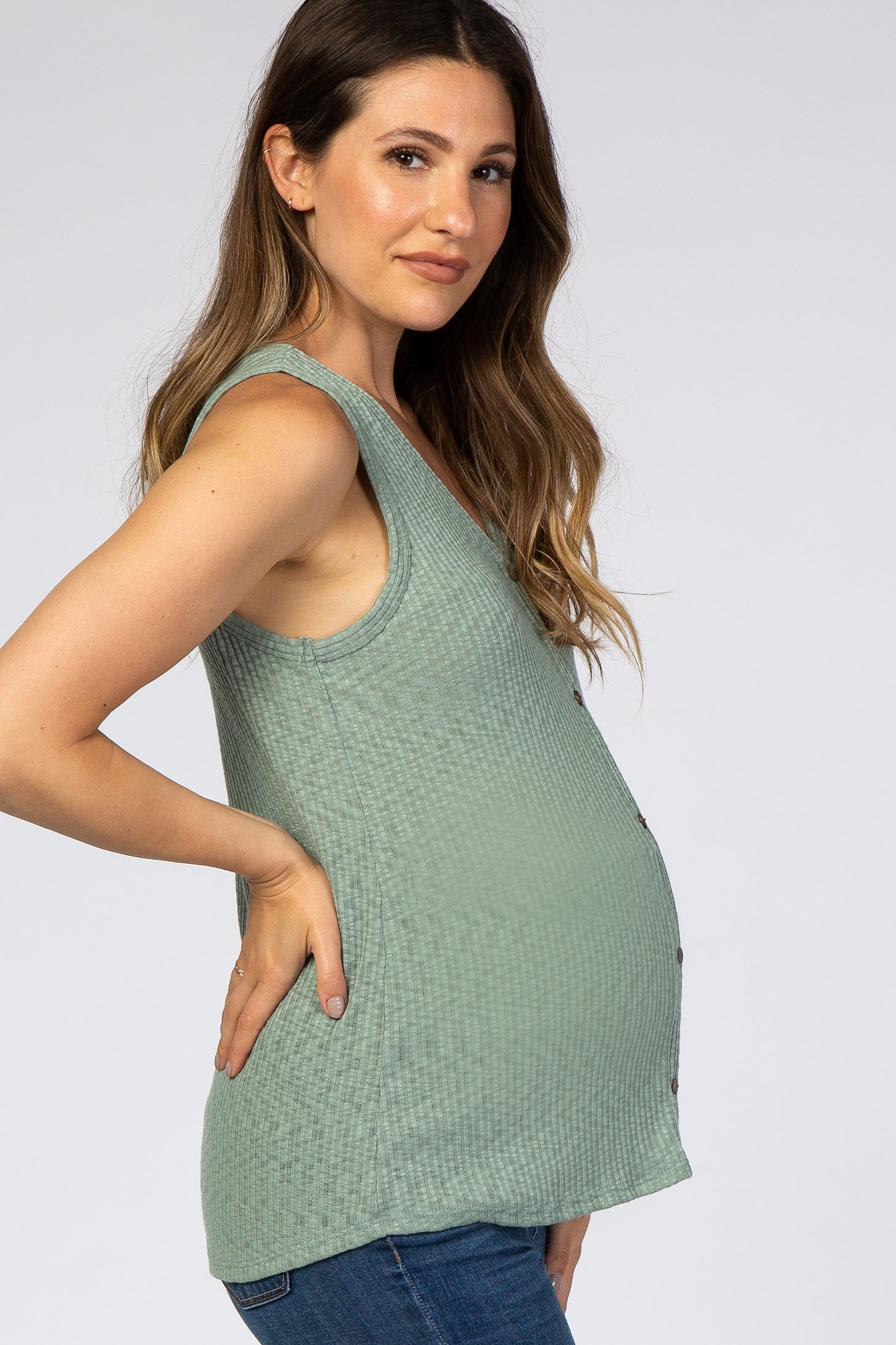 Light Olive Ribbed Button Front Sleeveless Maternity Top