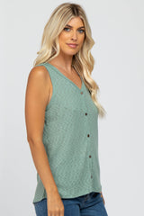 Light Olive Ribbed Button Front Sleeveless Top