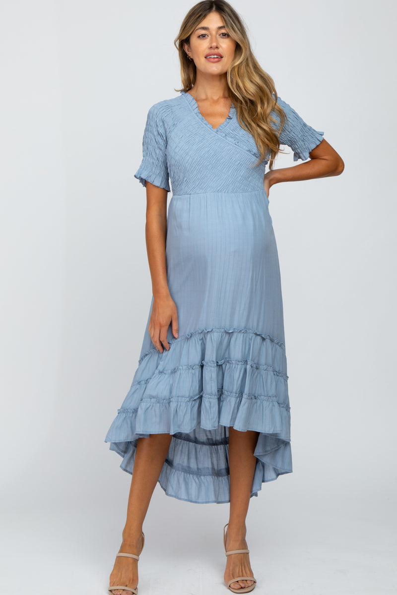 Blue Smocked Ruffle Hi-Lo Maternity Midi Dress– PinkBlush