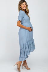 Blue Smocked Ruffle Hi-Lo Maternity Midi Dress