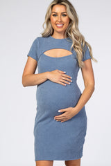 Blue Ribbed Cutout Fitted Maternity Dress