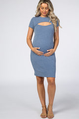 Blue Ribbed Cutout Fitted Maternity Dress