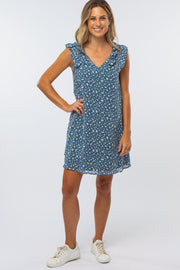 Blue Spotted Ruffle Shoulder Dress