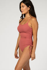 Mauve Ribbed Side Tie One-Piece Swimsuit