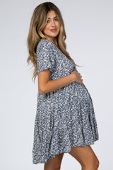 Blue Floral Button Front Print Maternity Dress