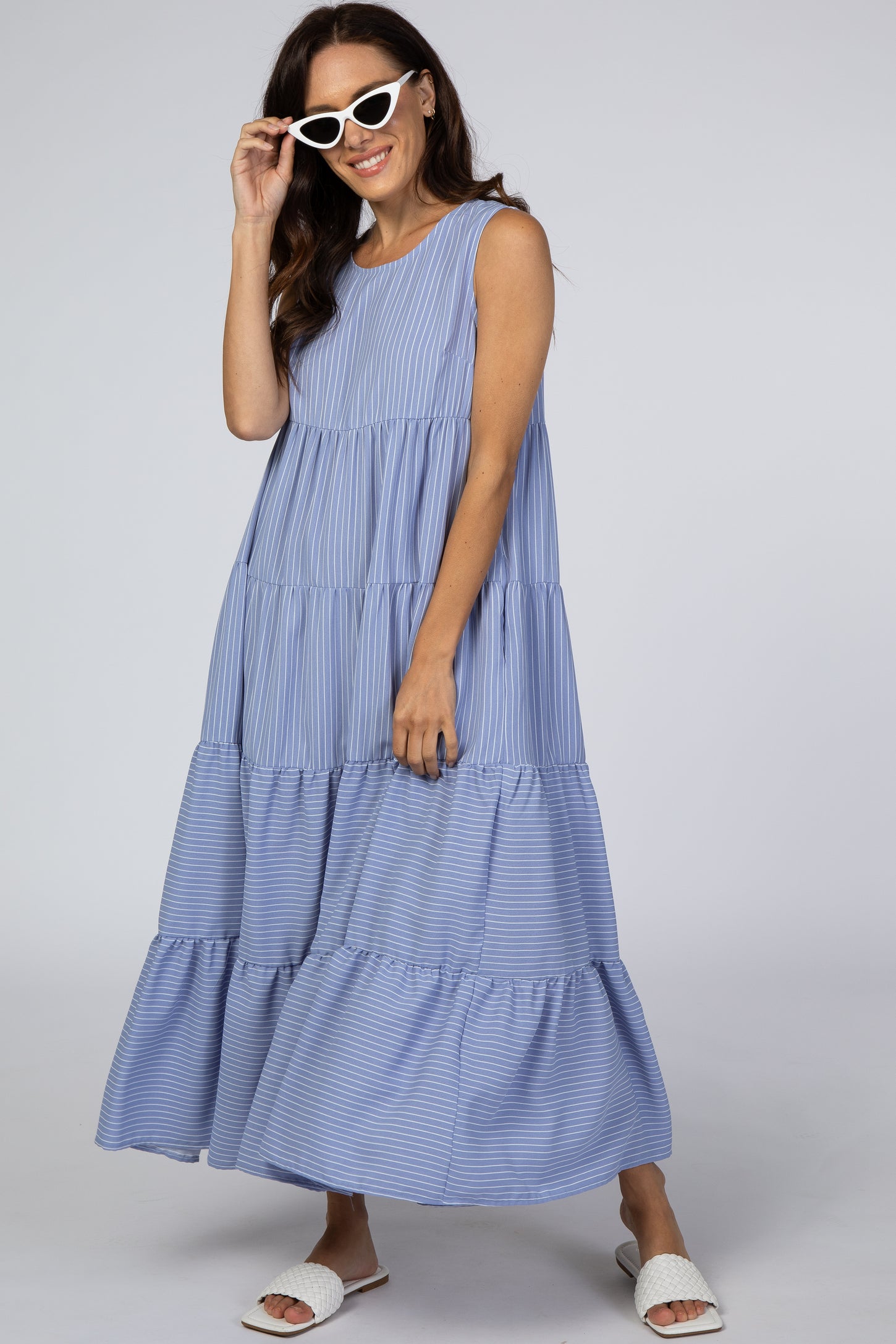 Light Blue Striped Tiered Maxi Dress