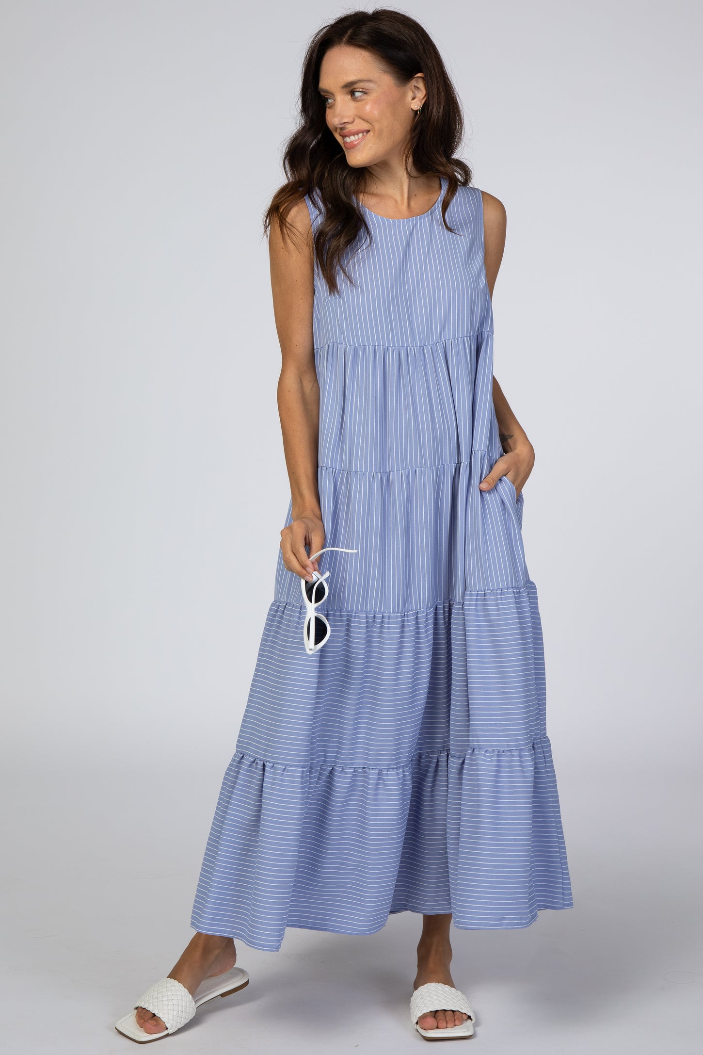 Light Blue Striped Tiered Maxi Dress