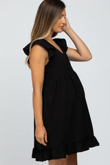 Black Ruffle Hem V-Neck Maternity Dress
