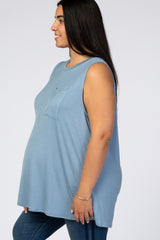 Blue Pocket Front Sleeveless Plus Maternity Top
