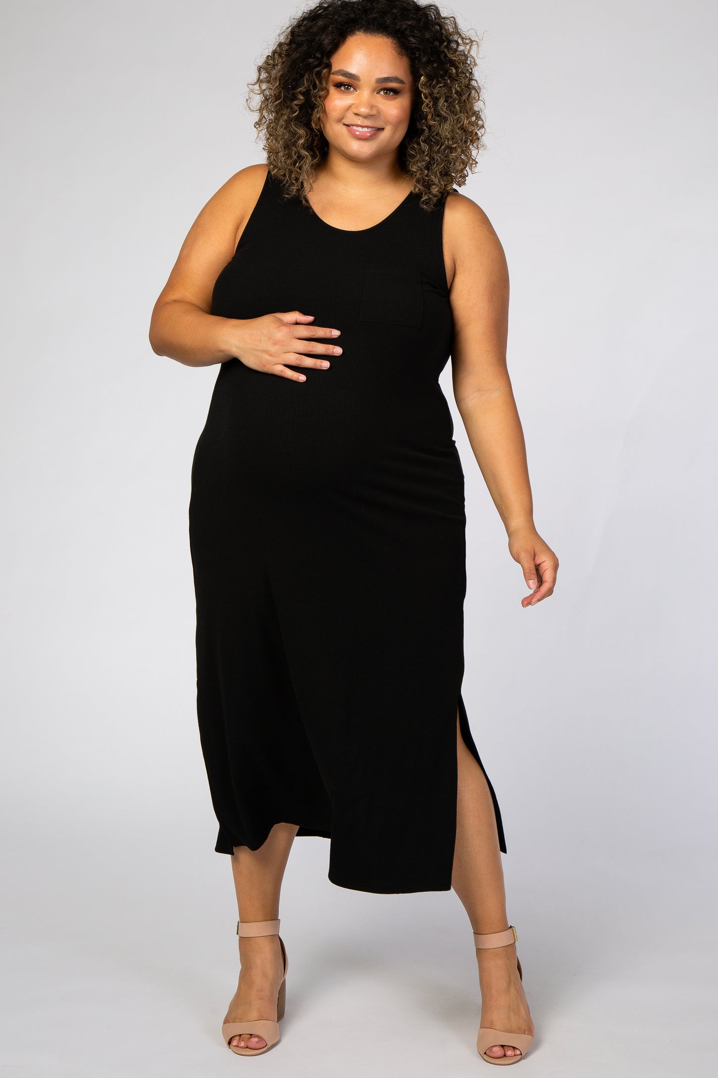 Black Ribbed Plus Maternity Midi Dress