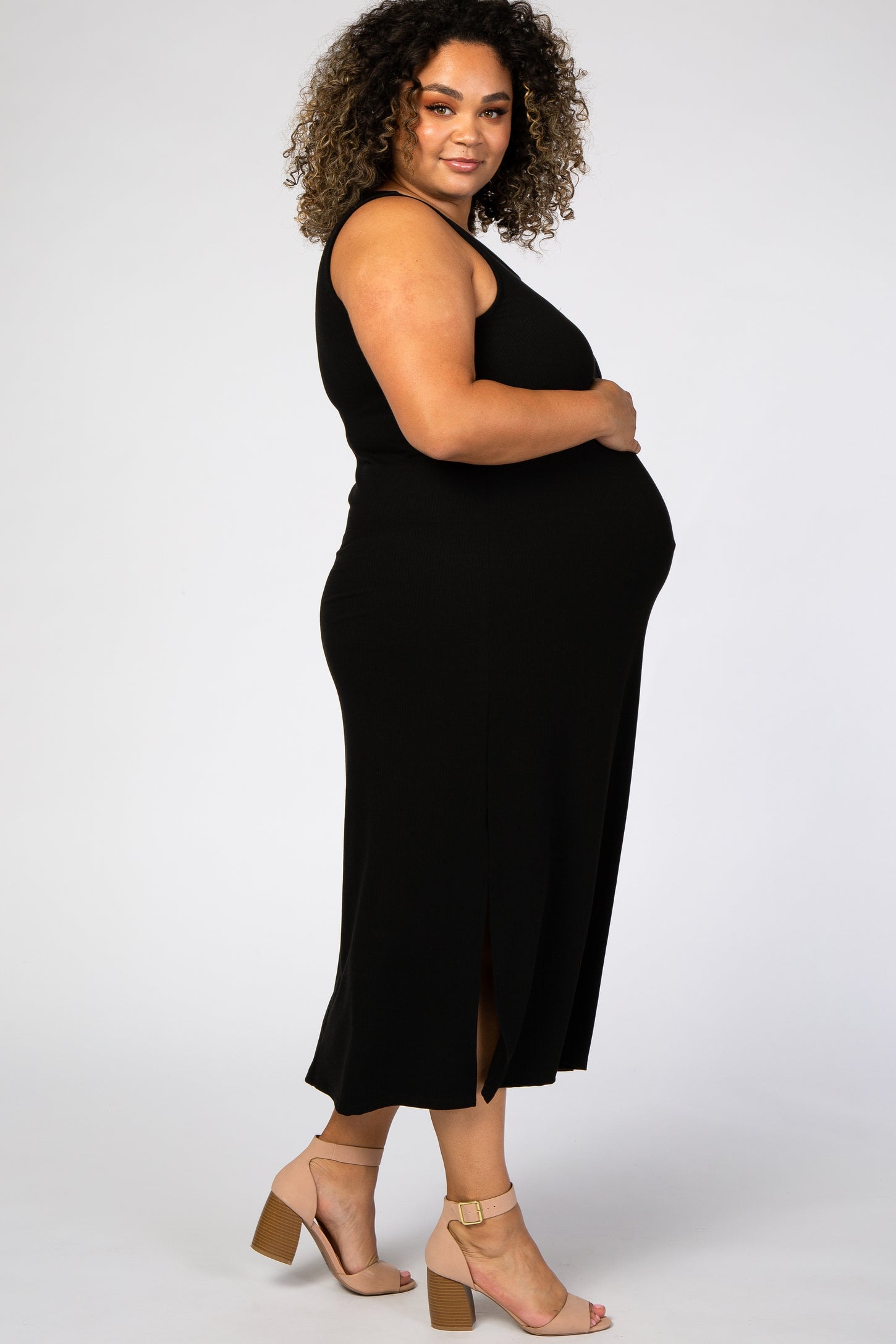Black Ribbed Plus Maternity Midi Dress