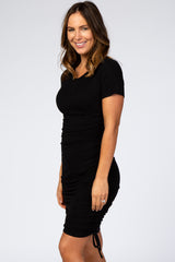 Black Fitted Ruched Drawstring Side Dress