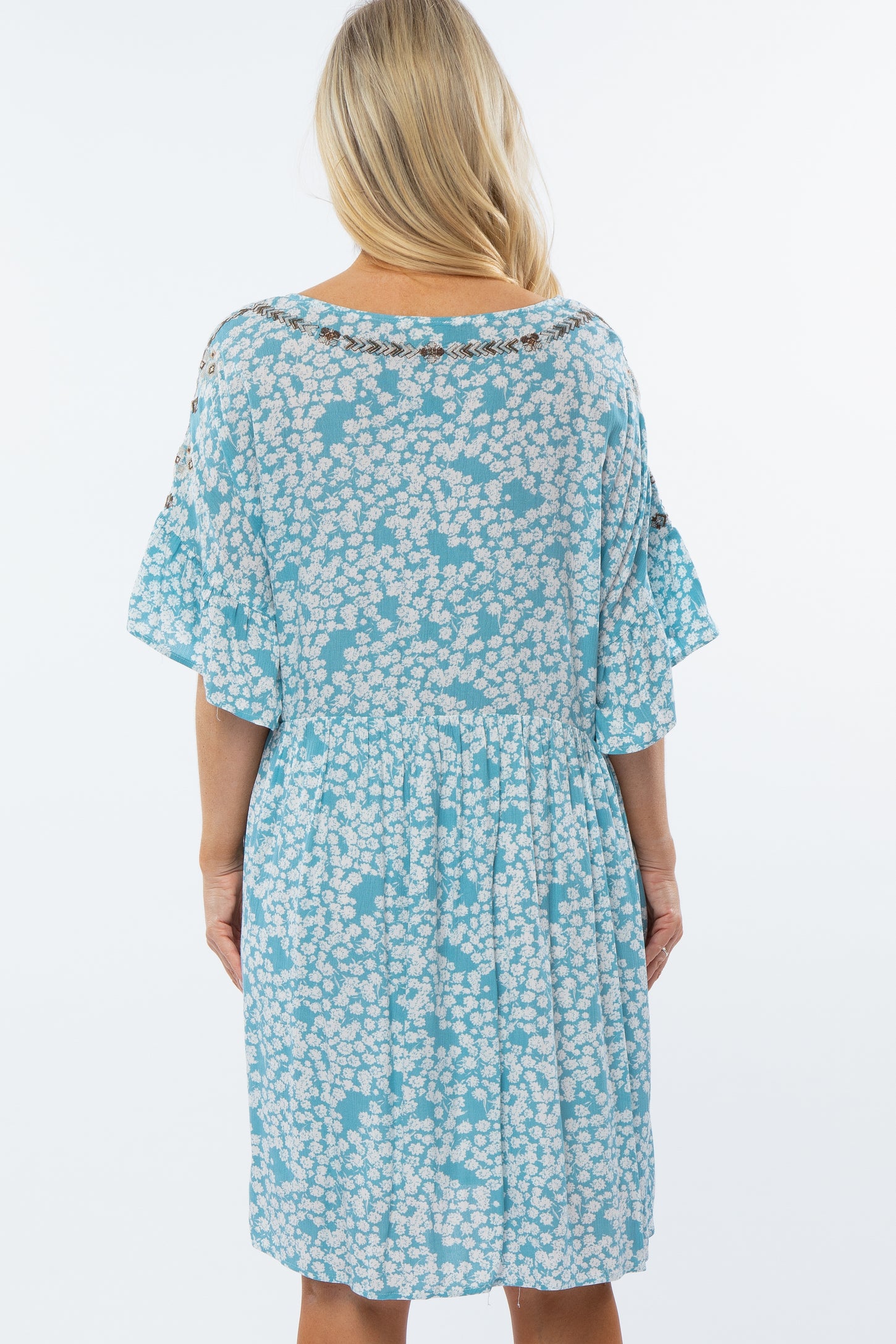 Blue Floral Embroidered Puff Sleeve Maternity Dress