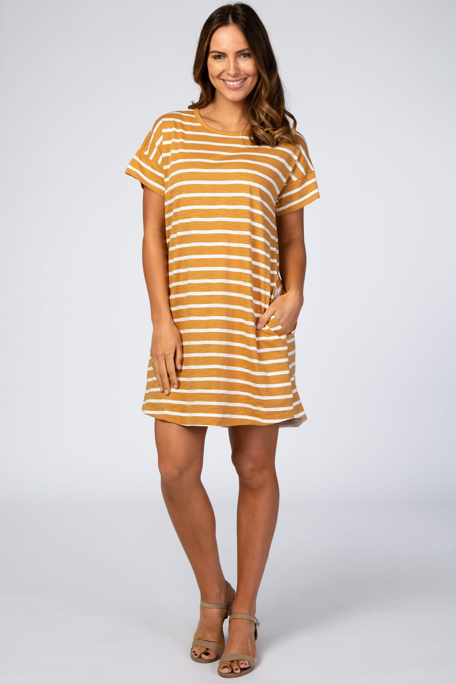 Yellow Striped Short Sleeve Maternity Dress