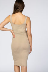 Beige Sleeveless Fitted Ribbed Maternity Dress