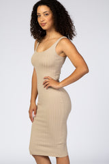 Beige Sleeveless Fitted Ribbed Dress